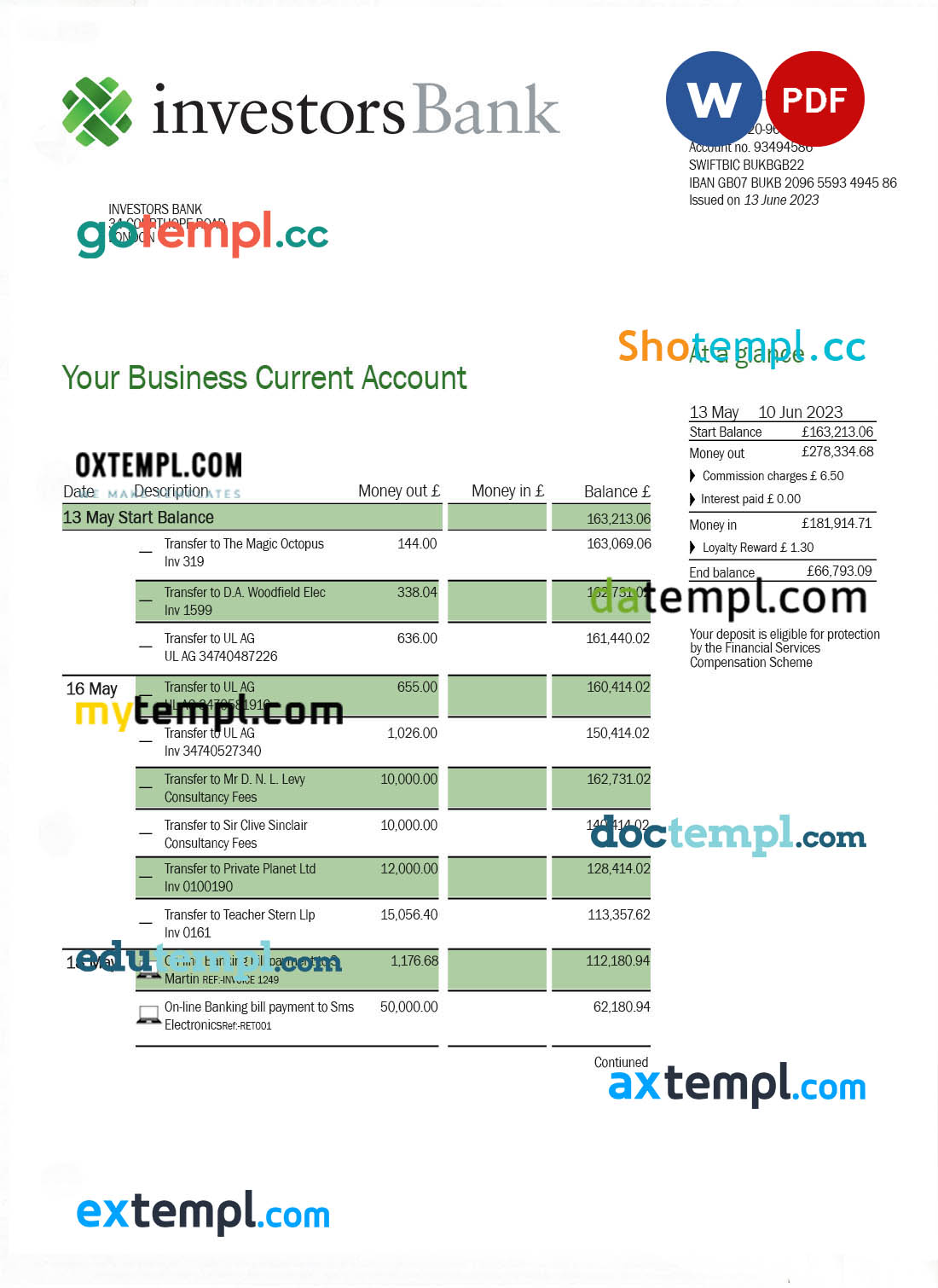 Investors Bank business checking account statement Word and PDF template