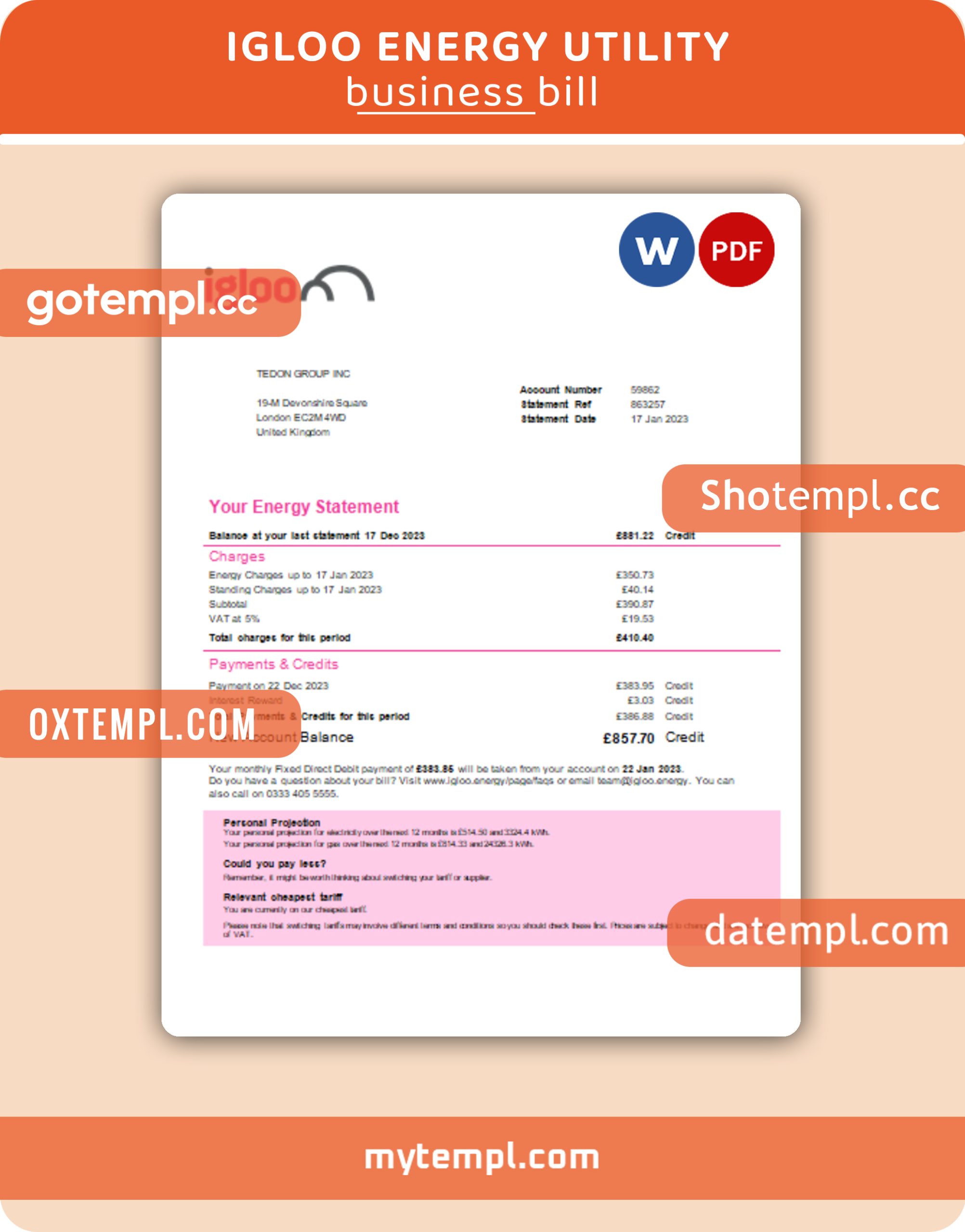 Igloo Energy business utility bill, Word and PDF template, 2 pages