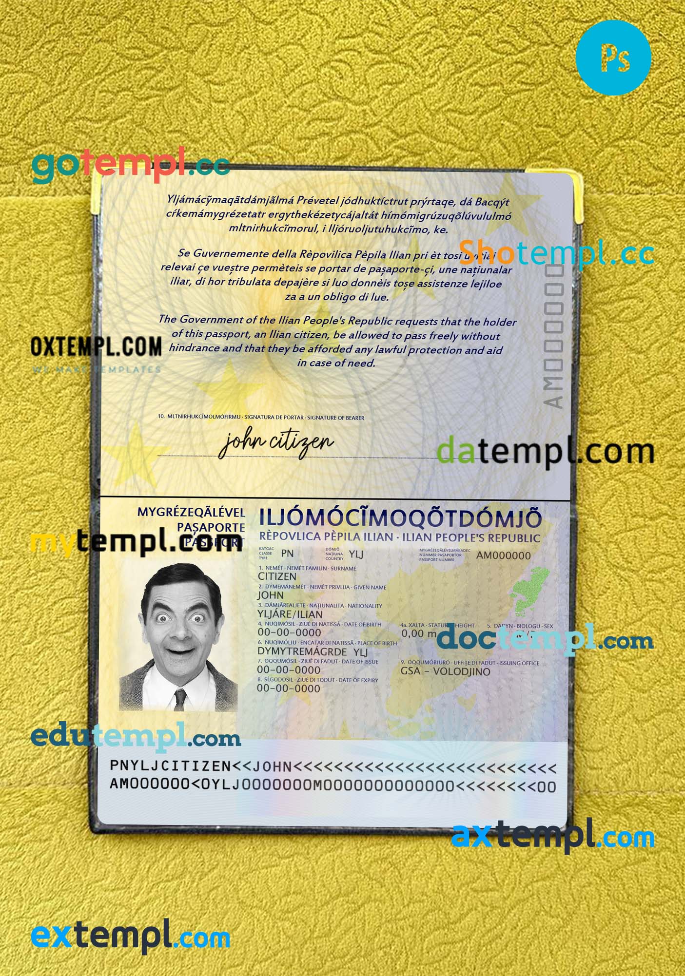 Ilia passport psd files, editable scan and snapshot sample, 2 in 1