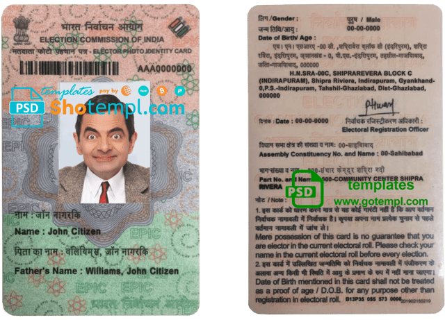 India Election ID card template in PSD format, fully editable, with all fonts