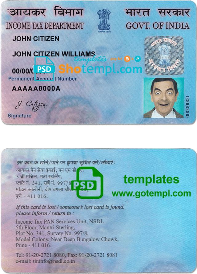 India e-PAN card template in PSD format (Income Tax Department), fully editable, with all fonts