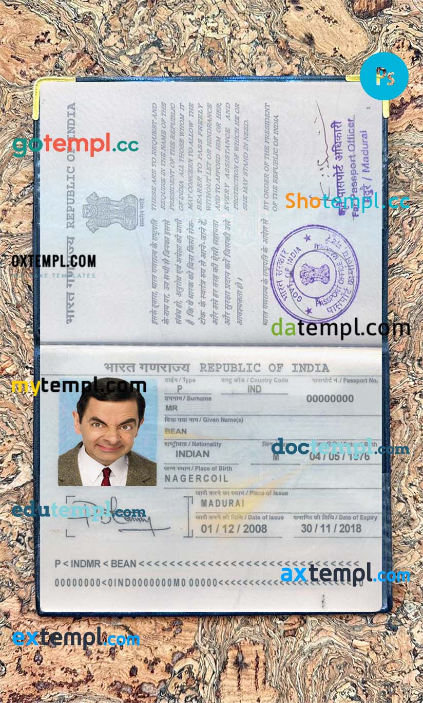 India passport editable PSD files, scan and photo-realistic look, 2 in 1
