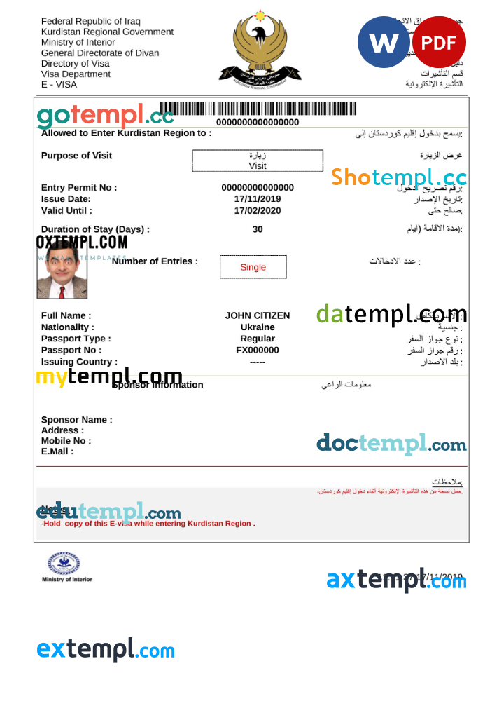 Iraq e-visa Word and PDF template, fully editable