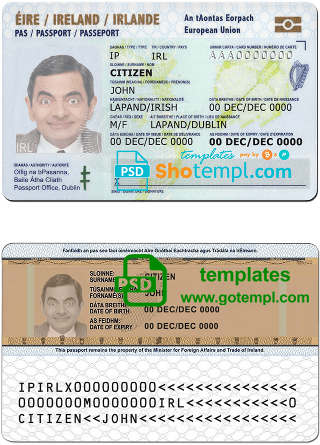 Ireland ID template in PSD format, fully editable, with all fonts