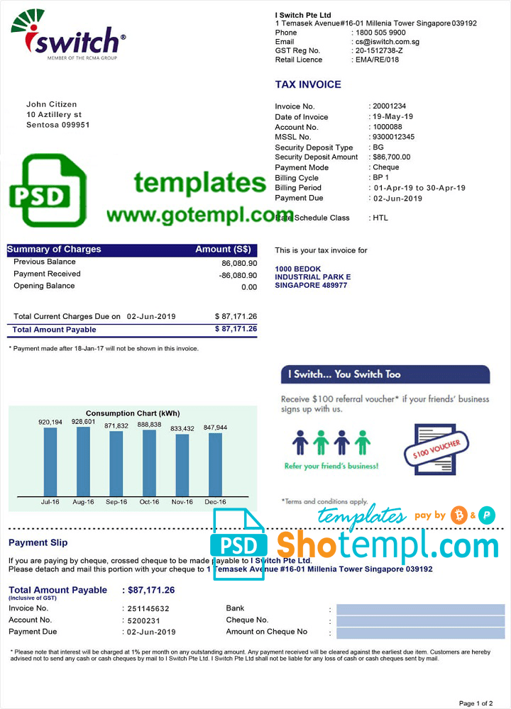 Singapore Iswitch energy utility bill template, fully editable in PSD format