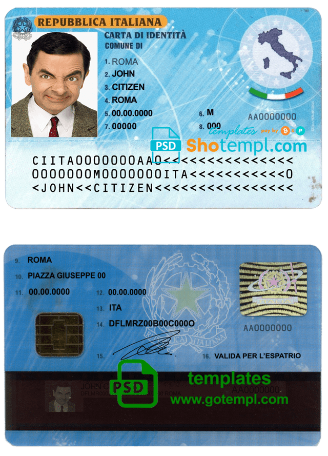 Italy ID template in PSD format, fully editable, with all fonts (2006 - 2016)