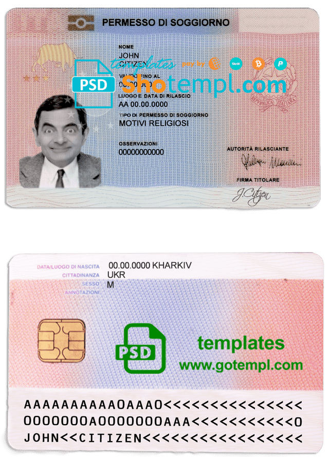 Italy residence permit card (soggiorno) template in PSD format, fully editable