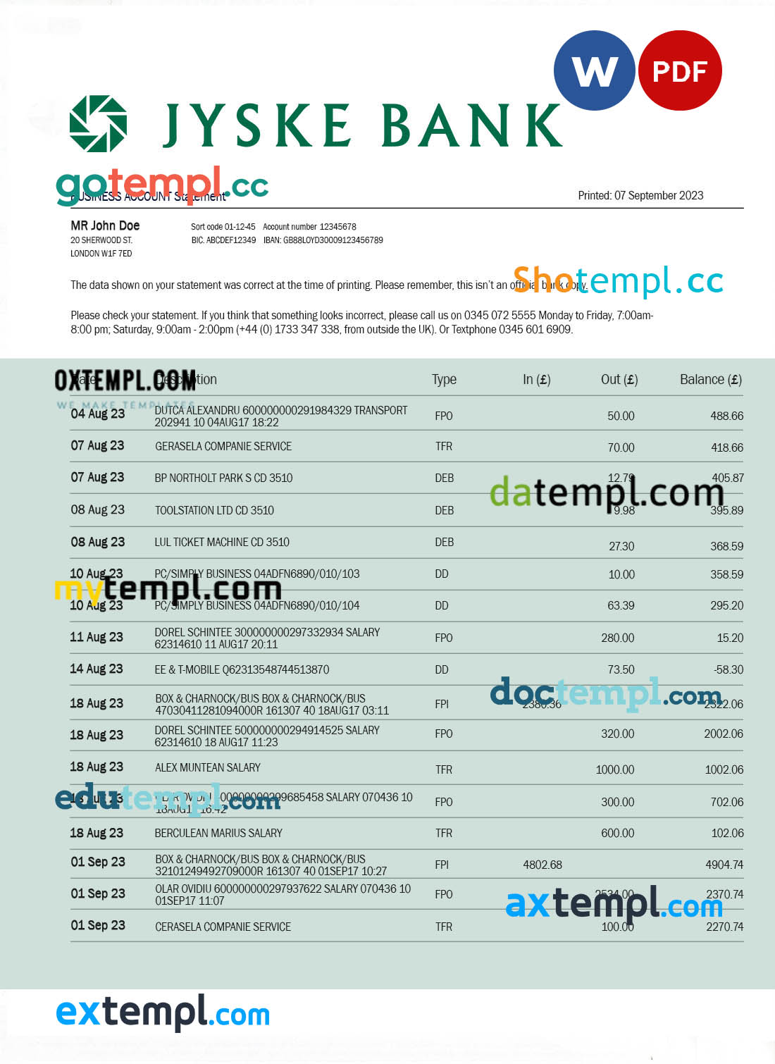 Taiwan Cooperative Bank statement template in Word and PDF format, good for address prove
