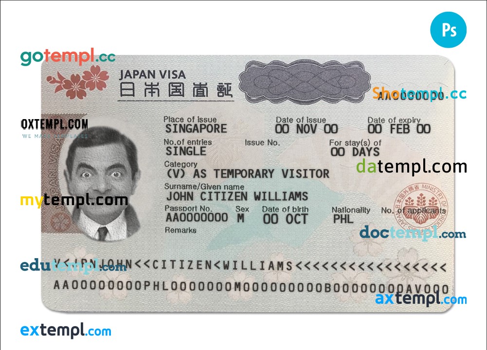 Japan tourist visa template in PSD format, fully editable