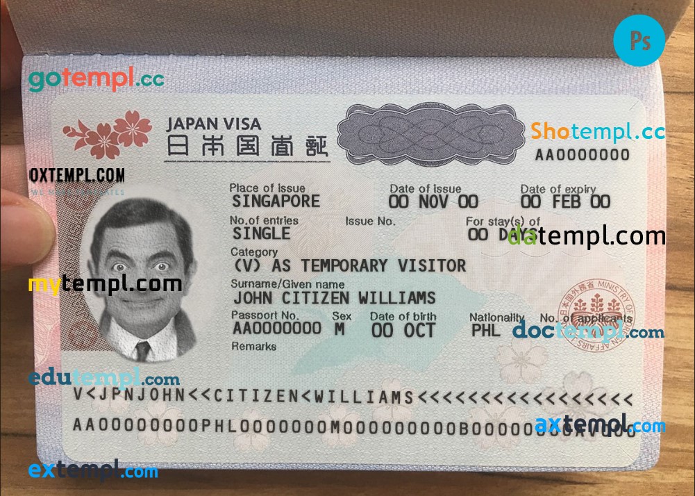 Japan tourist visa template in PSD format, fully editable, + editable PSD photo look