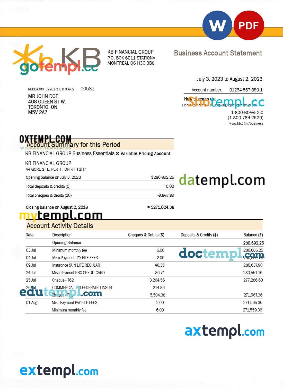 KB Financial Group bank company checking account statement Word and PDF template