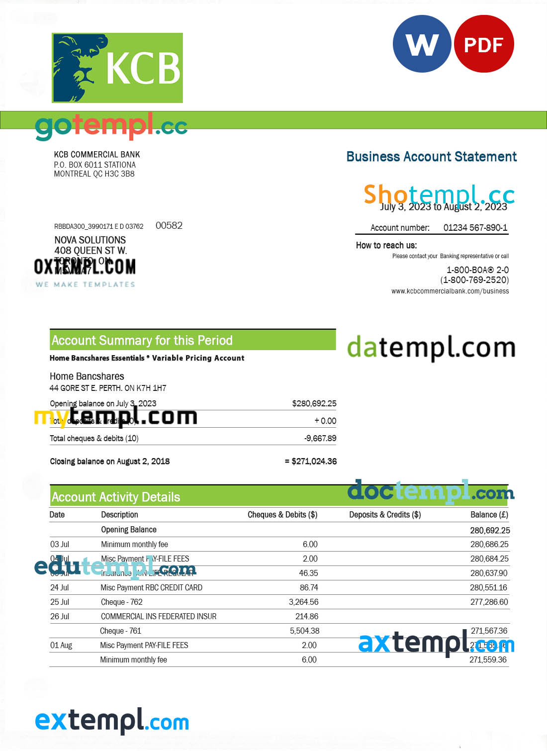 Kenya Commercial Bnak firm account statement Word and PDF template