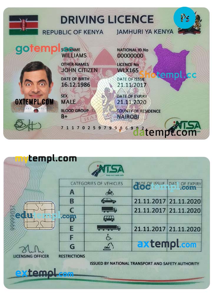 Kenya driving license PSD template, fully editable