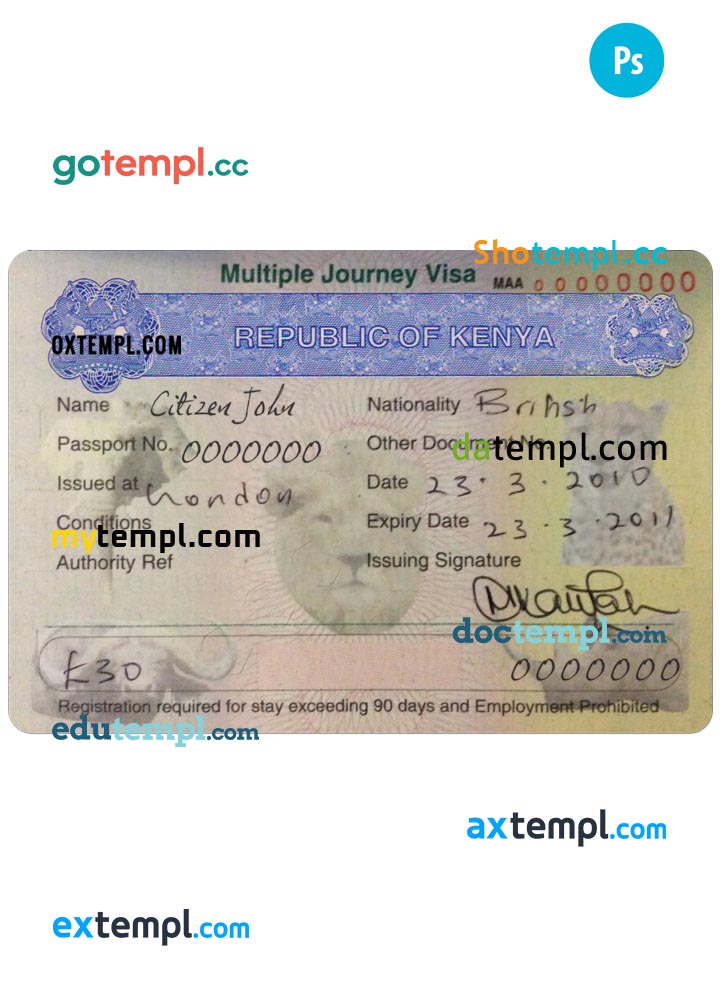 Kenya multiple journey visa PSD template, completely editable, with fonts