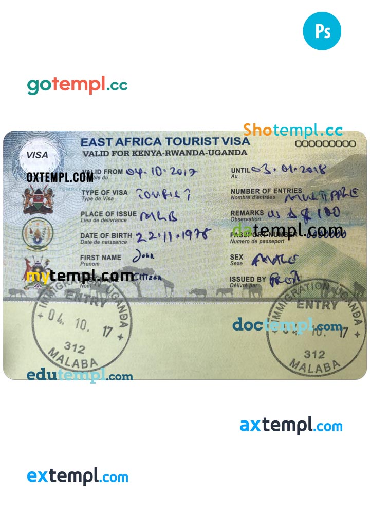 Kenya-Rwanda-Uganda tourist visa PSD template, fully editable