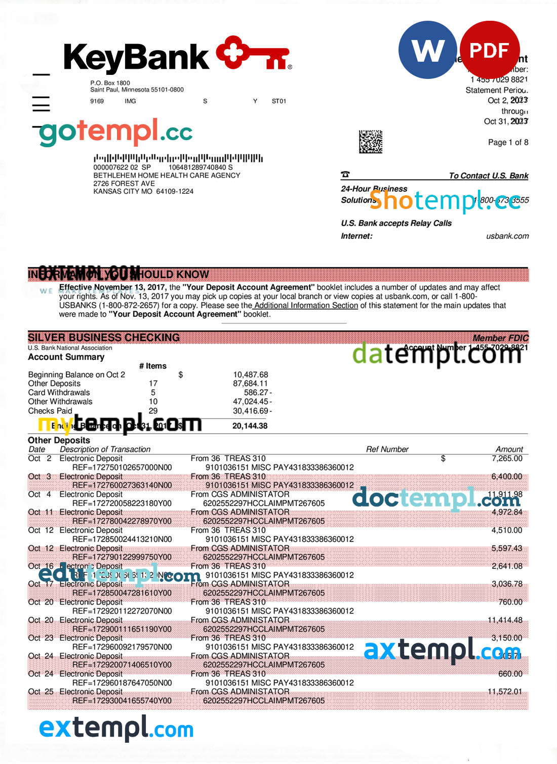 Keybank business bank statement Word and PDF template