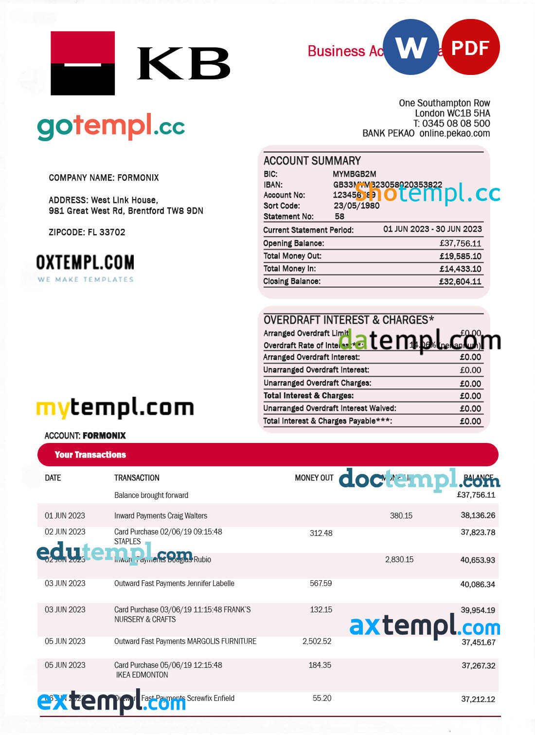 Komercni banka corporate checking account statement Word and PDF template