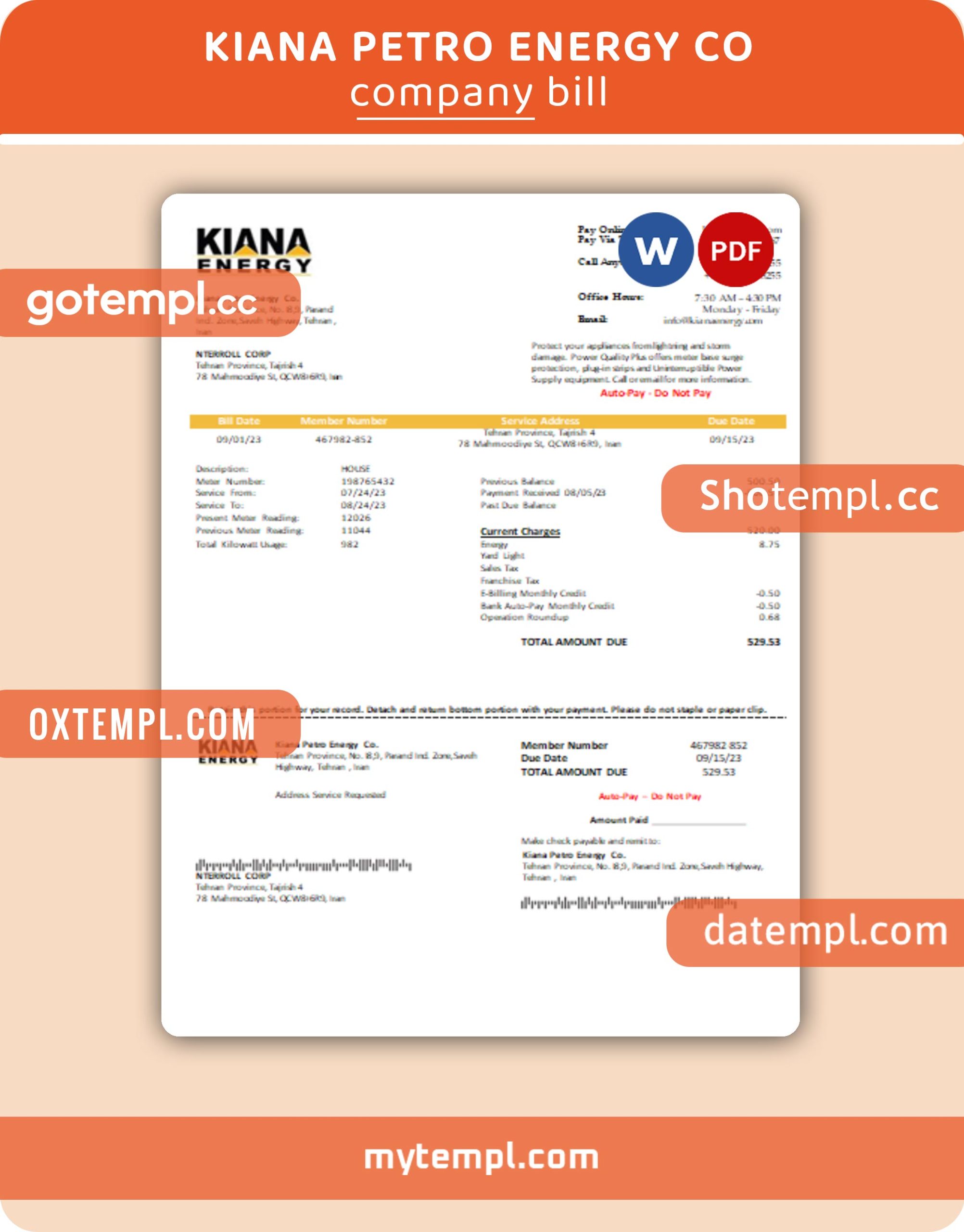 Kiana Petro Energy Co business utility bill, Word and PDF template, 2 pages