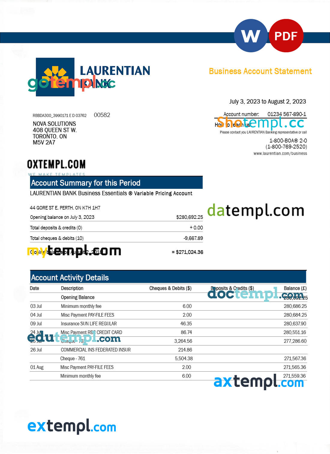 Laurentian Bank enterprise account statement Word and PDF template