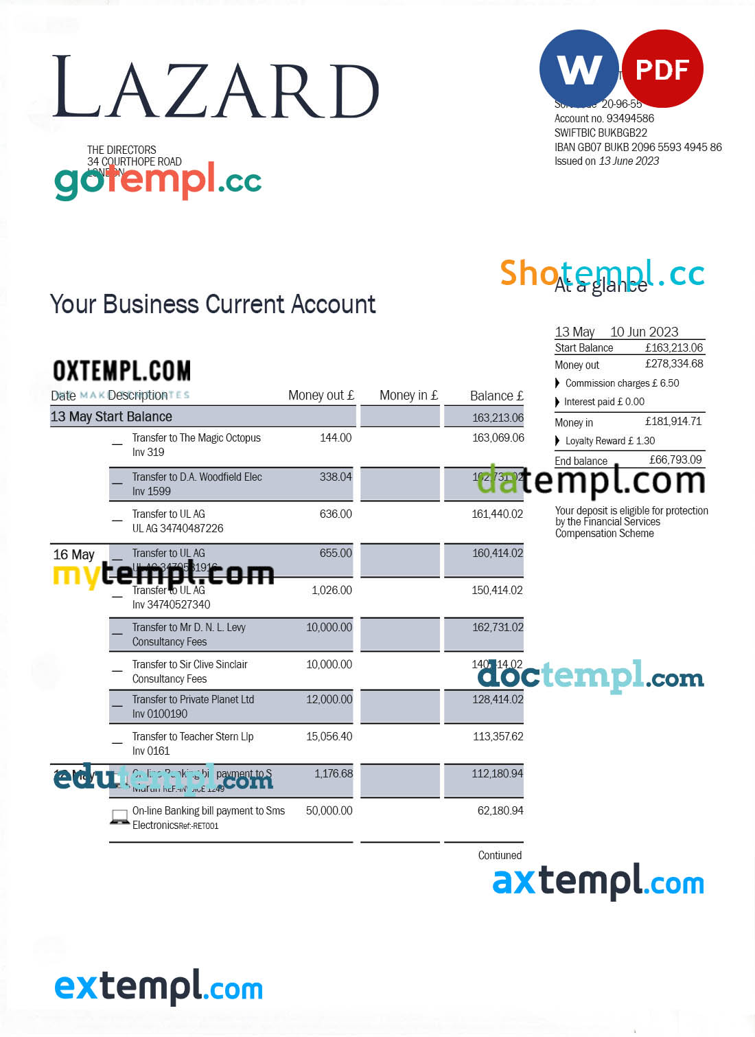 Lazard Bank business statement Word and PDF template
