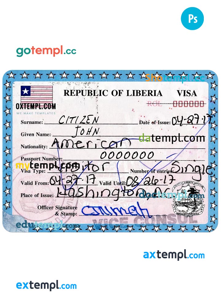 Liberia tourist visa PSD template, with fonts