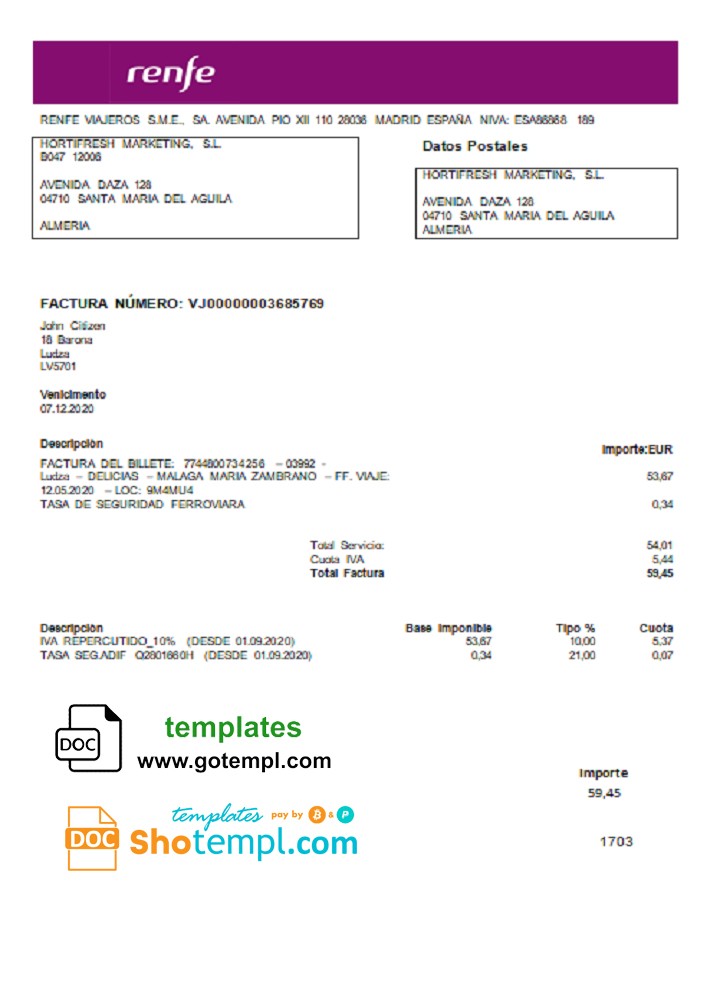 Latvia Renfe utility bill template in Word and PDF format