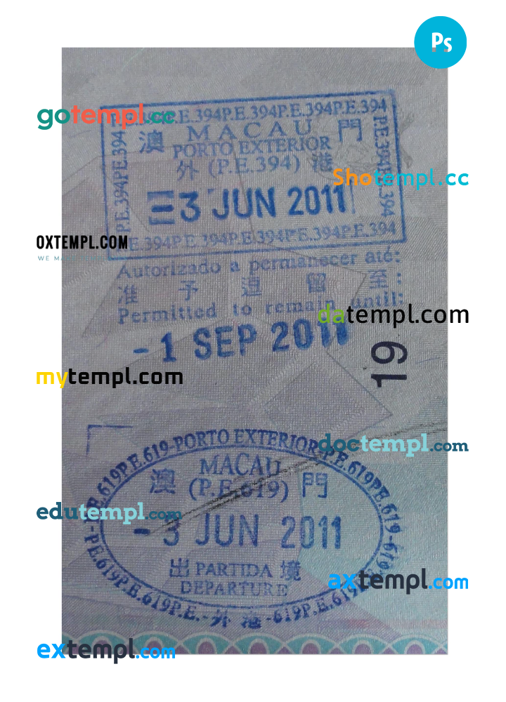 Macau visa stamp PSD template, with fonts