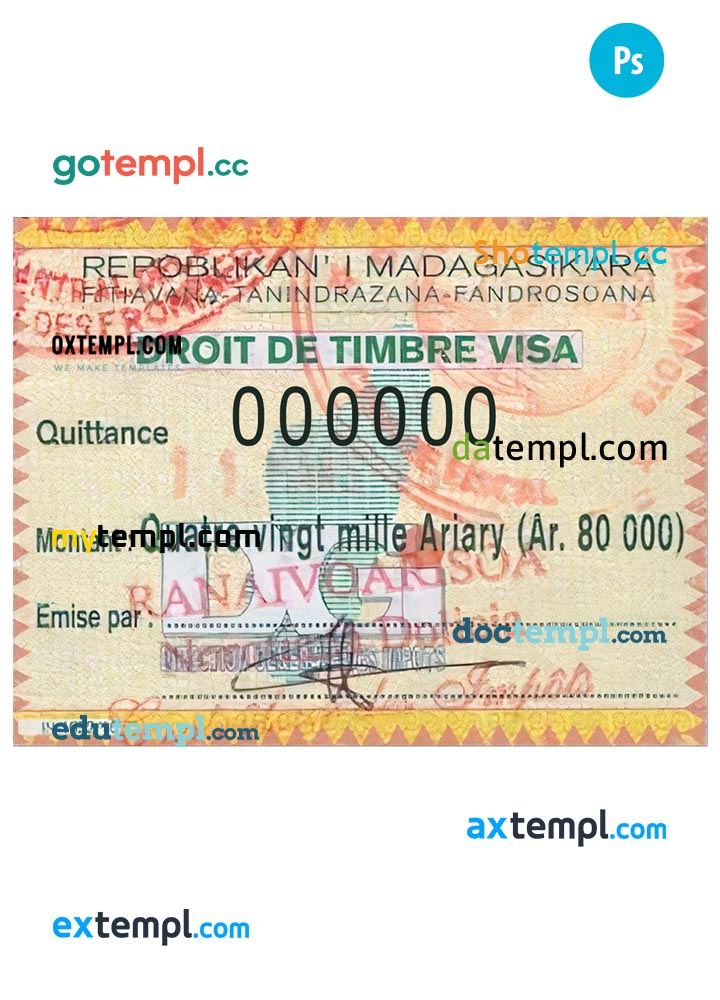 Madagascar travel visa PSD template, with fonts