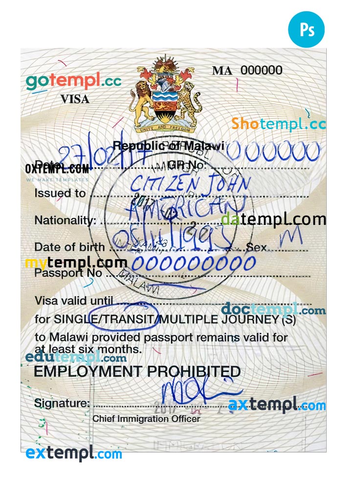 Malawi travel visa PSD template, with fonts