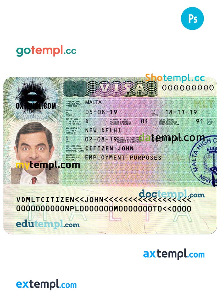 Malta entry visa PSD template, fully editable