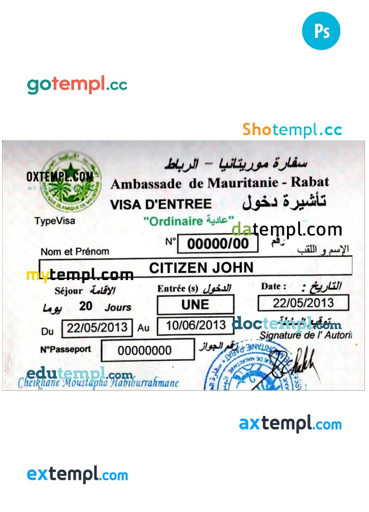 Mauritania - Rabat travel visa PSD template, completely editable, with fonts