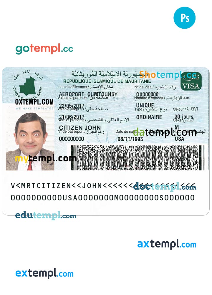 Benin travel visa PSD template, with fonts
