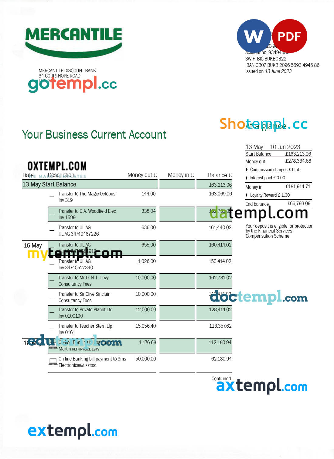 Mercantile Discount Bank business statement Word and PDF template