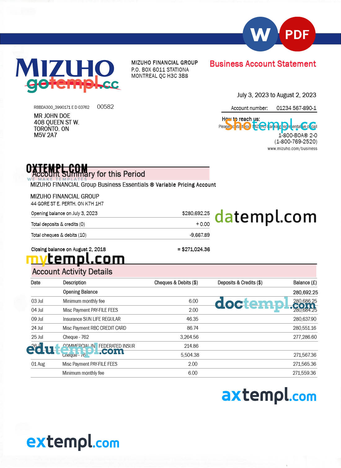 Mizuho Financial Group bank company account statement Word and PDF template
