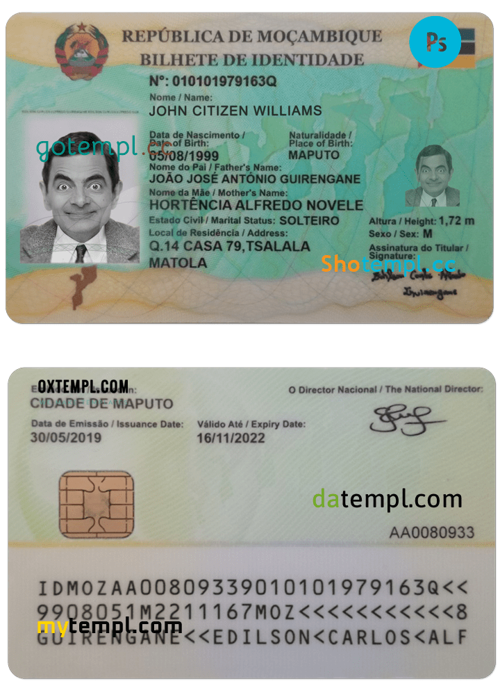 Mozambique identity card template in PSD format, fully editable