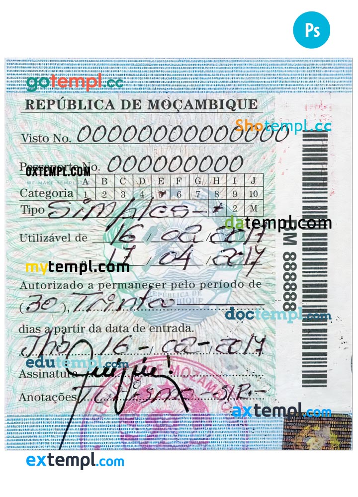 Mozambique simple visa PSD template, with fonts