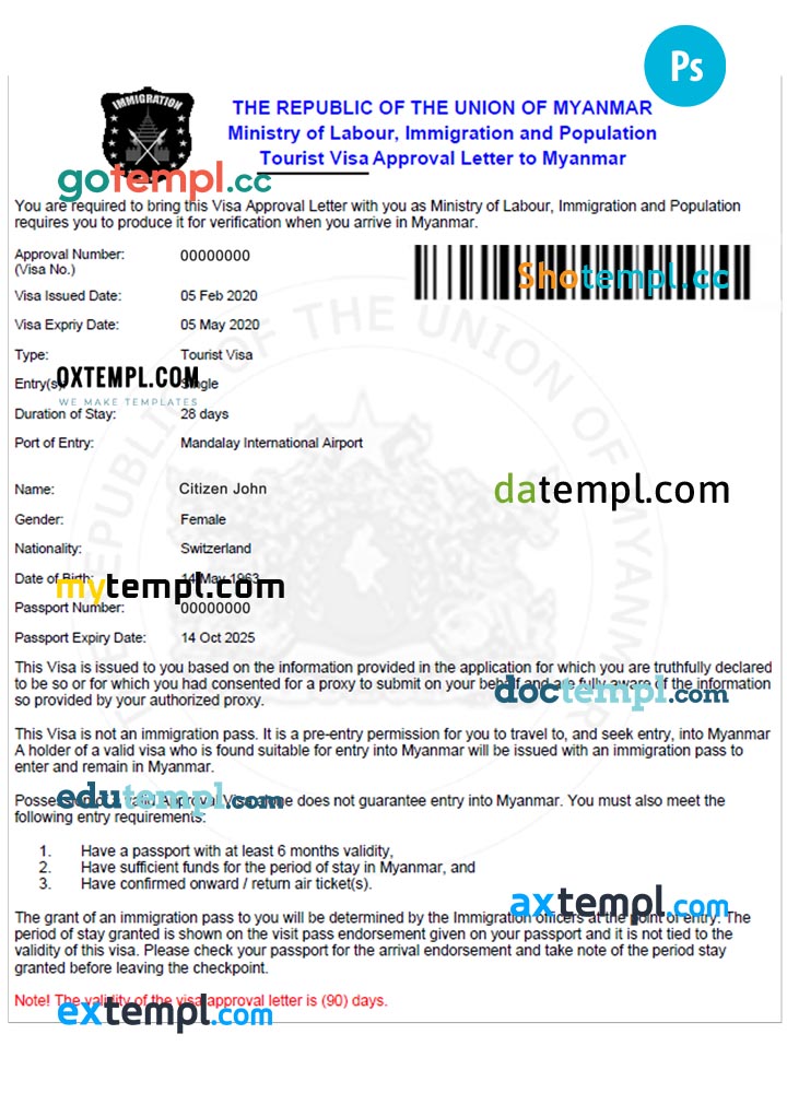 Myanmar electronic tourist visa PSD template, fully editable
