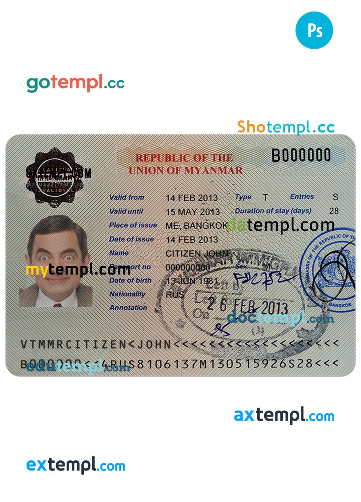 Myanmar travel visa PSD template, completely editable, with fonts