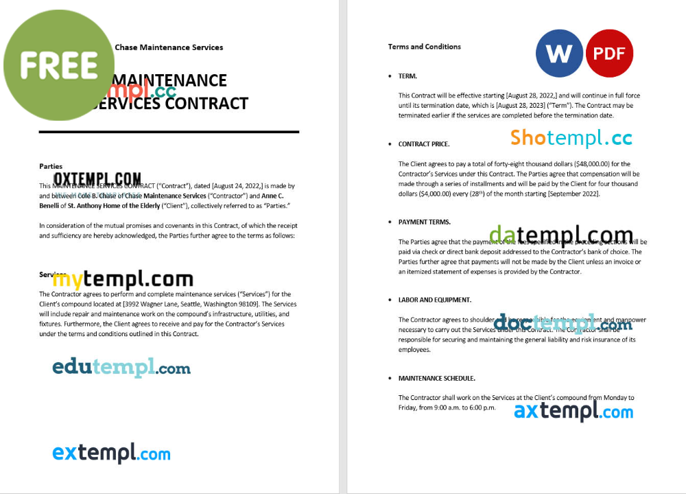 Maintenance services contract template, Word and PDF format