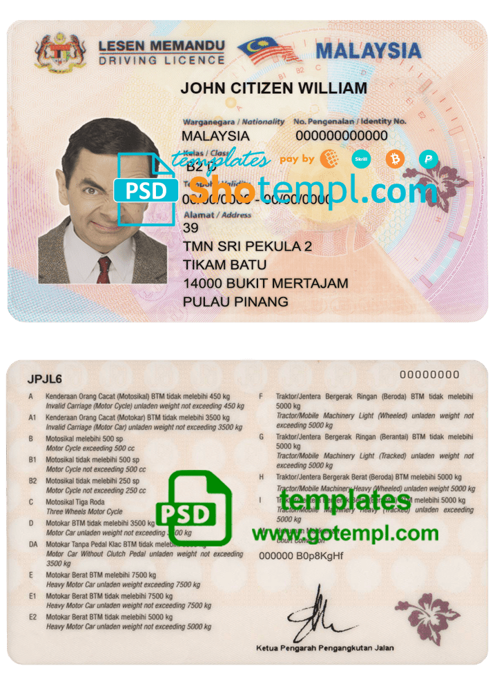 Malaysia driving license template in PSD format
