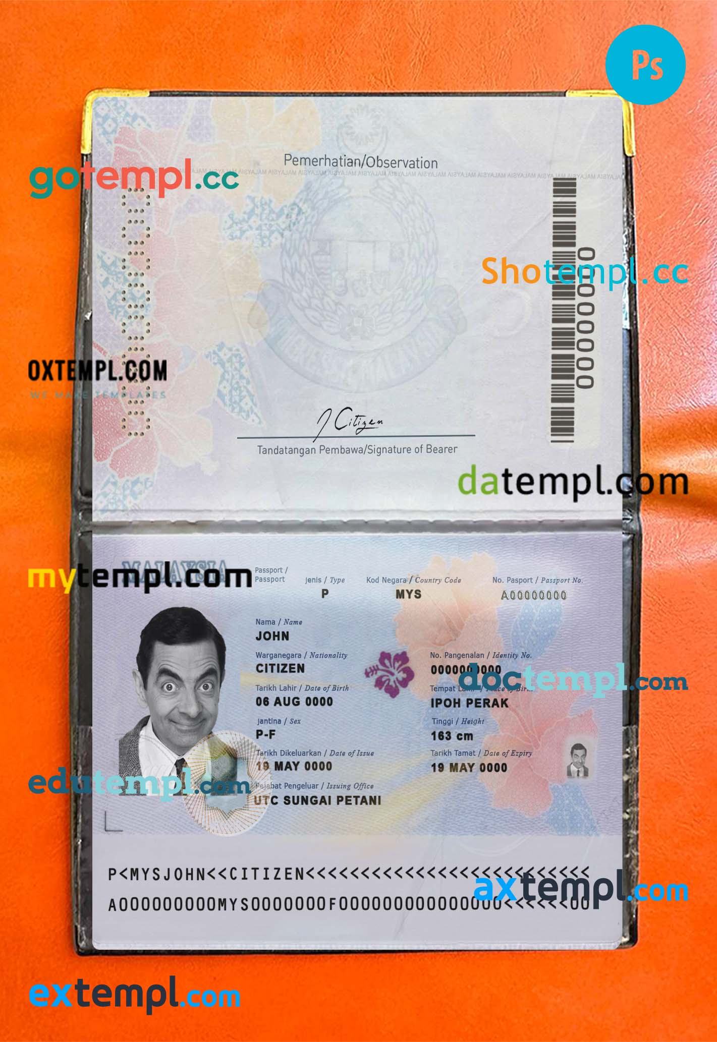 Malaysia passport psd files, editable scan and snapshot sample (2017-present),2 in 1