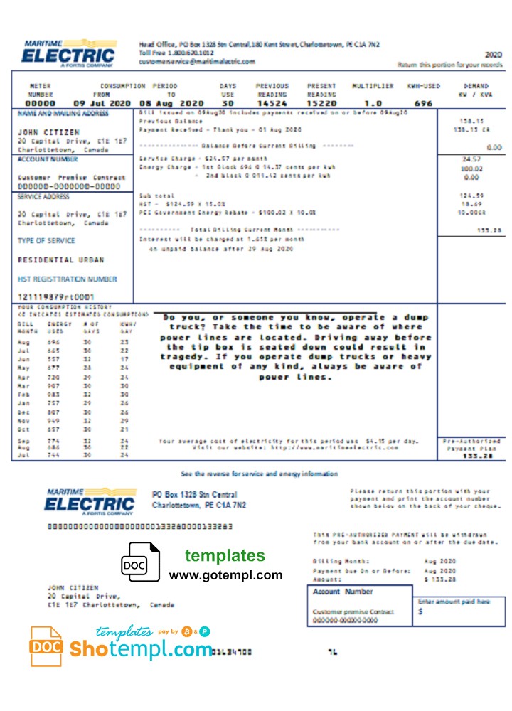 Canada Maritime Electric utility bill template in Word and PDF format