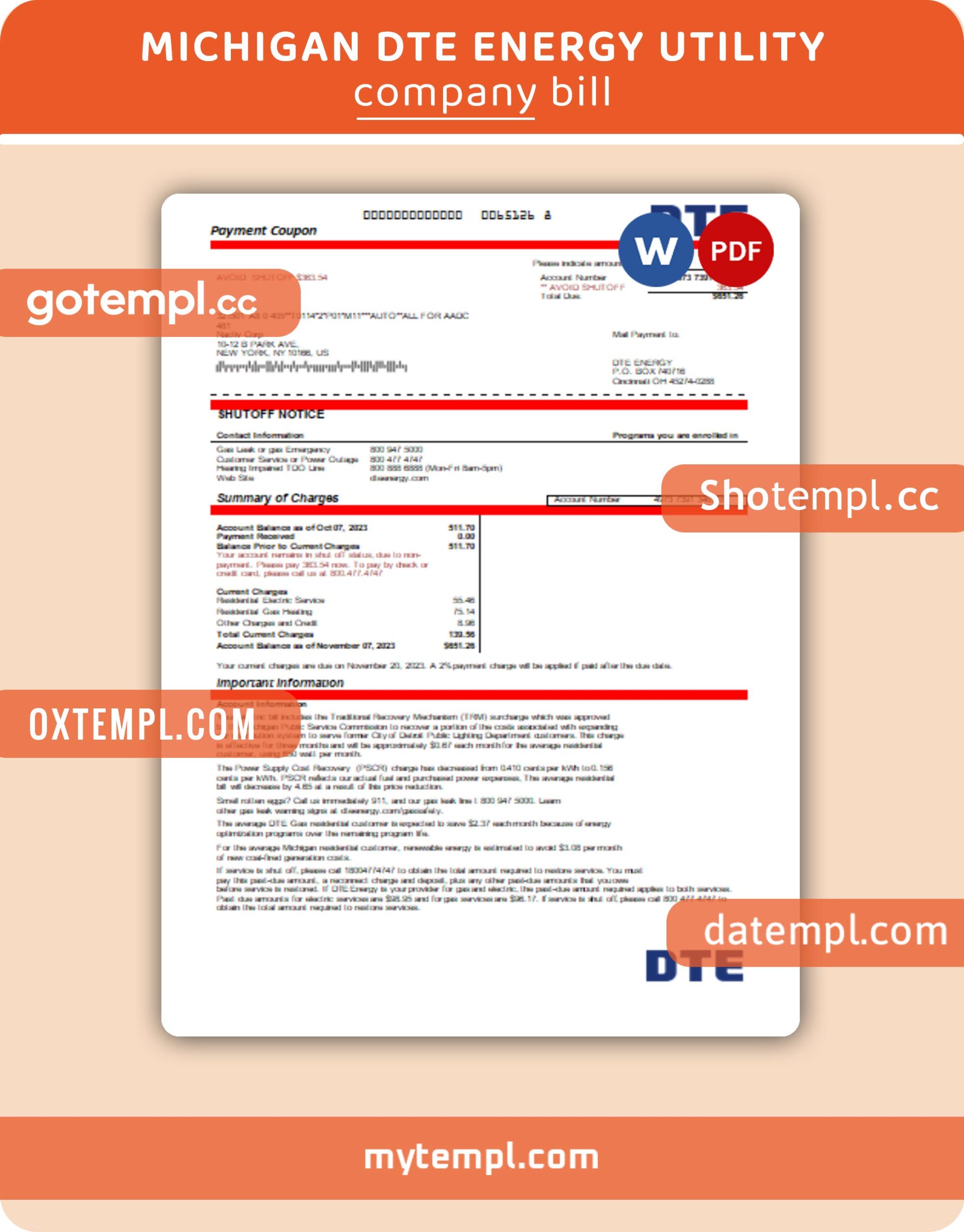 Michigan DTE Energy business utility bill, Word and PDF template