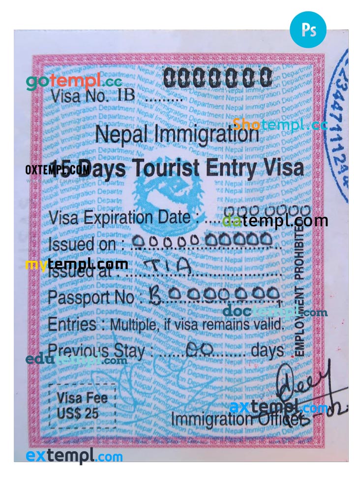 Nepal tourist entry visa PSD template, with fonts