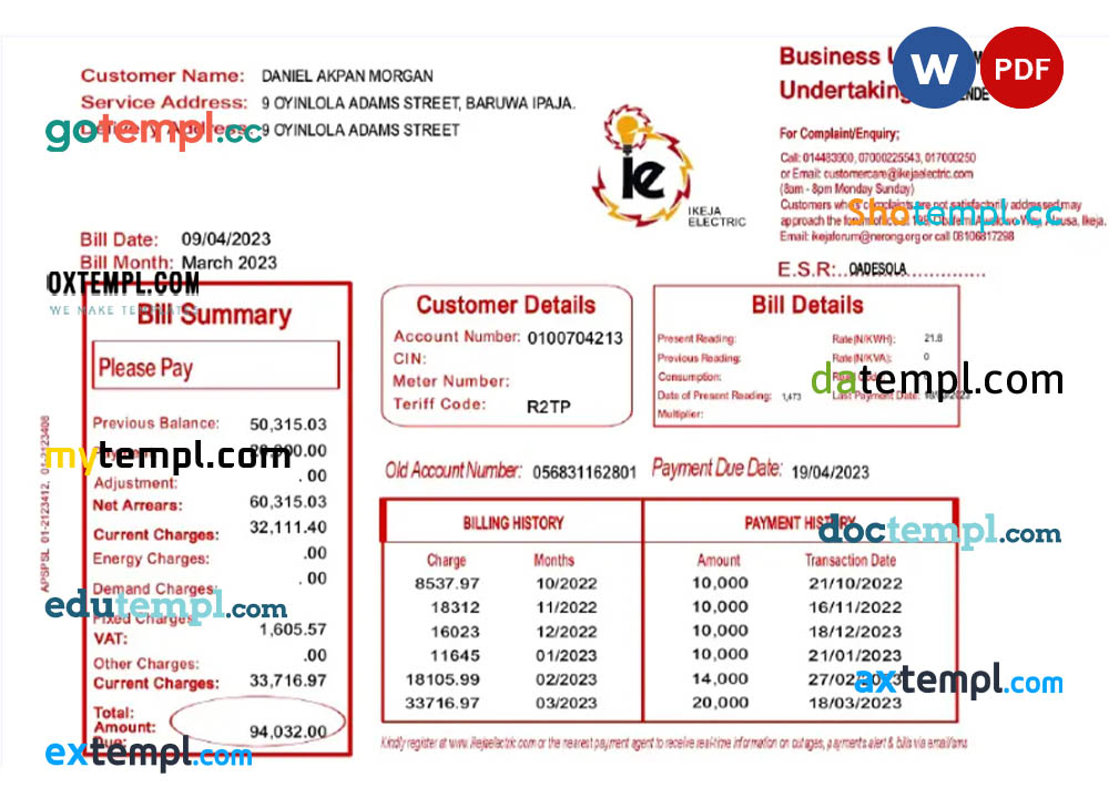 NIGEIA IKEJA utility bill Word and PDF template