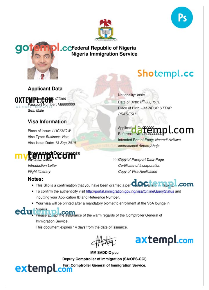 Nigeria electronic travel visa PSD template, completely editable, with fonts