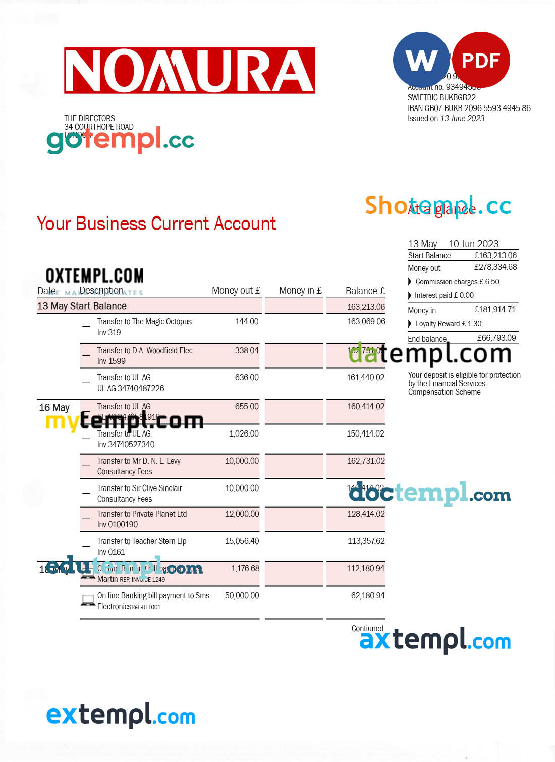 Nomura Bank business statement Word and PDF template