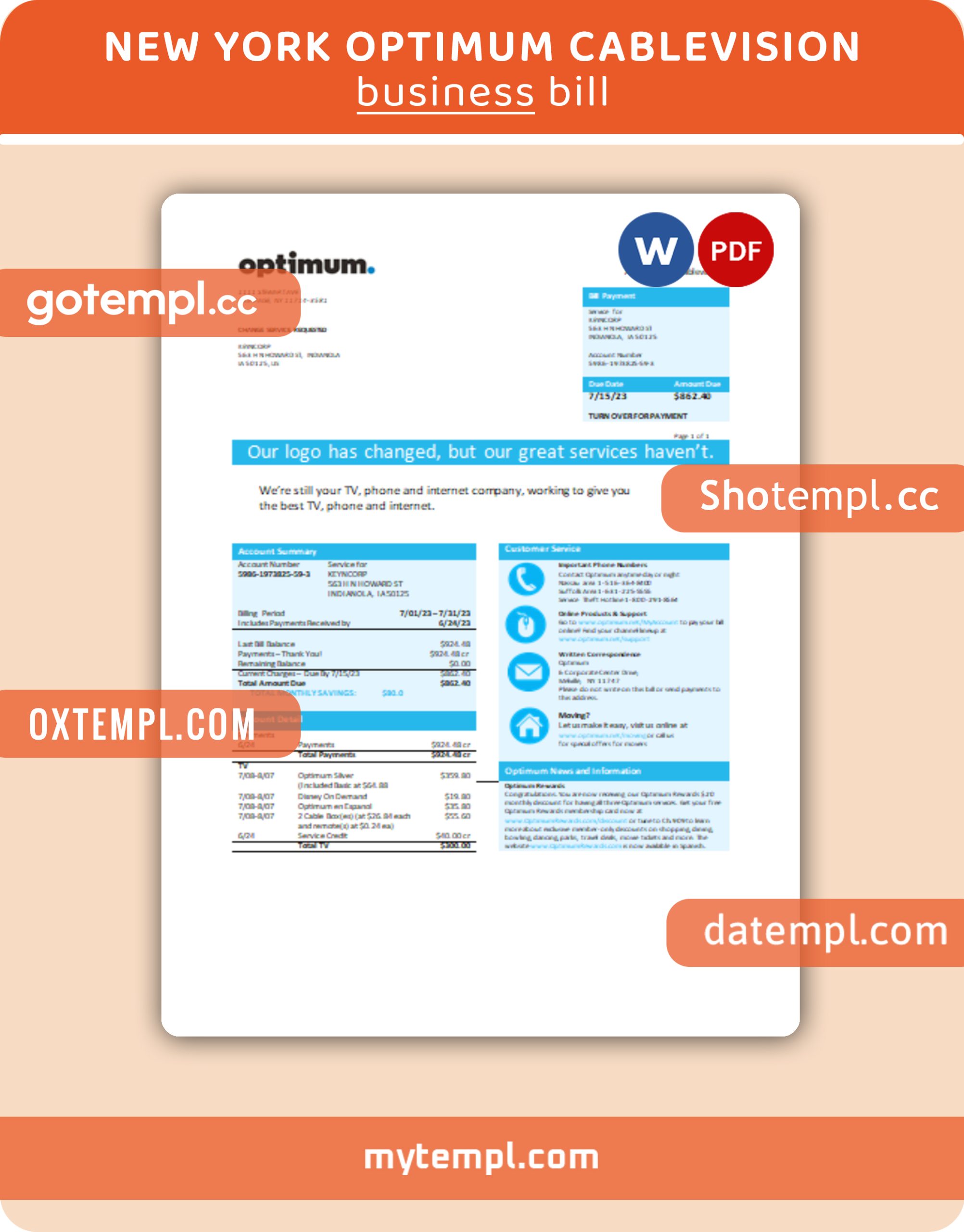 New York Optimum cablevision business utility bill, Word and PDF template, 2 pages