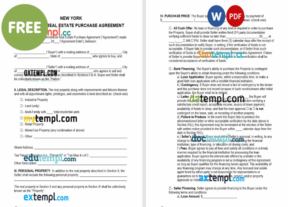 New York commercial real estate purchase agreement template, Word and PDF format