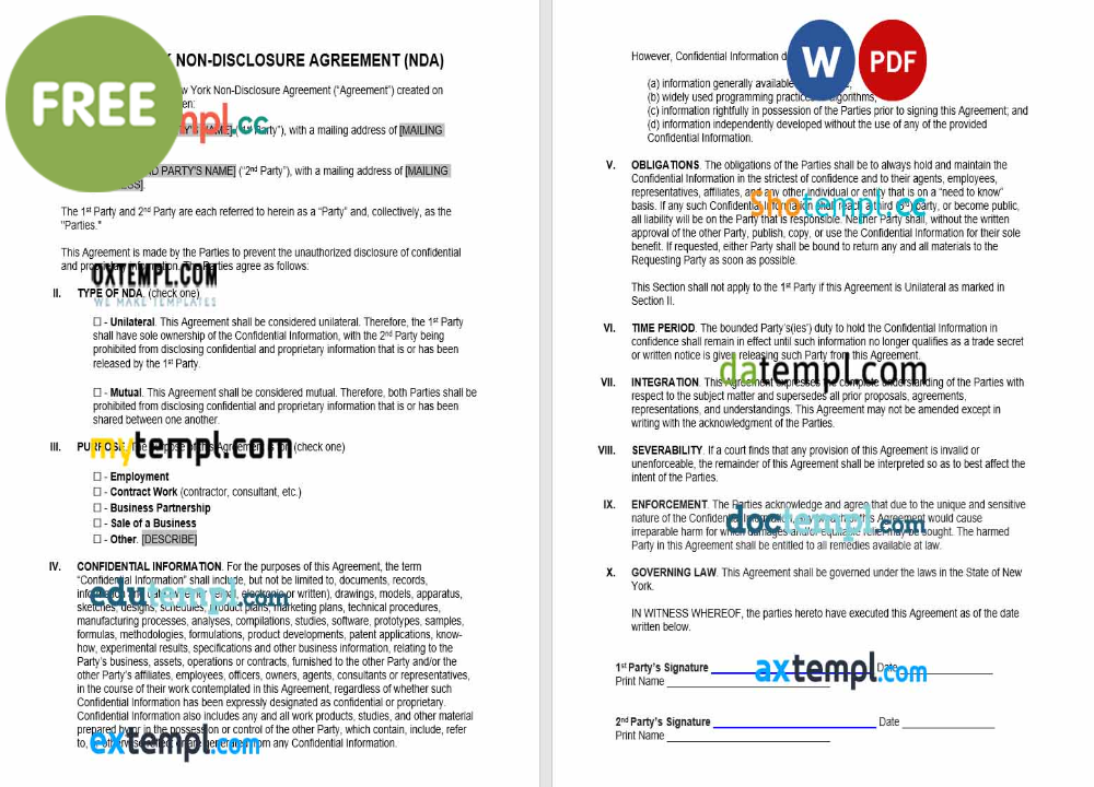 New York non-disclosure agreement NDA template, Word and PDF format